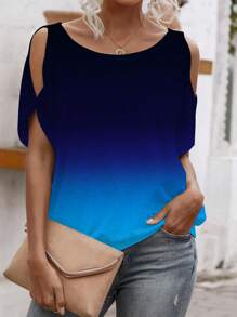 SHEIN LUNE 女士休闲露肩渐变色印花宽松舒适时尚 T 恤