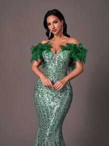 SHEIN Belle Elegant Romantic Beaded & Feather Decorated Women's Evening Gown (Deluxe Edition) (Faux Fur Shoulder Decor), Formal Prom Dress, For Wedding Guest, Graduation, Dinner - Dark Green - View 1