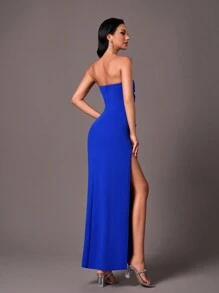 SHEIN Belle 高开叉、褶饰、露肩碎花女士派对礼服、优雅正式晚会舞会礼服，适合婚礼嘉宾、毕业典礼、晚宴 - 寶藍色 - 查看 3