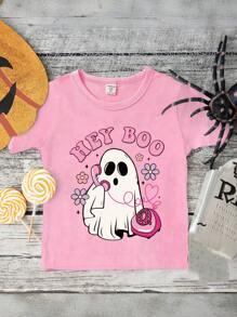 Young Girl Casual Halloween Element Cute Ghost & Colorful Letter Print Basic Short Sleeve T-Shirt - Pink - View 3