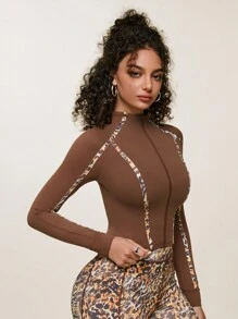 Easithlete Slim Fit Leopard Print Patchwork Stand Collar Sports Jacket