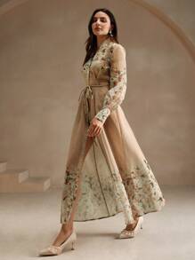 Anewsta 女式花卉印花雪纺连衣裙，法式长款女装 - 咖啡 - 查看 6