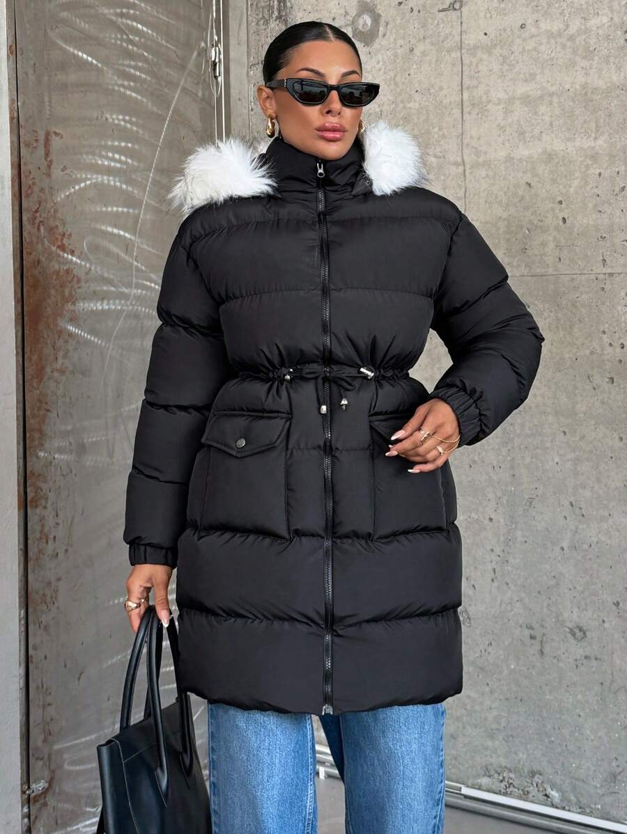 EURMUSE Long Padded Coat With Hoodie And Big Pocket - Black - View 1
