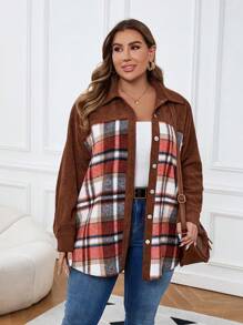 EMERY ROSE Plus Size Solid Color Patchwork Front Button Long Sleeve Jacket, Casual Wear - Multicolor - View 4