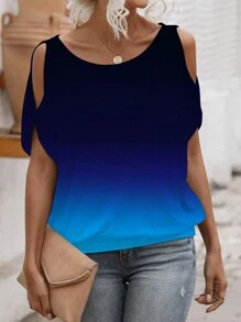 SHEIN LUNE 女士休闲露肩渐变色印花宽松舒适时尚 T 恤