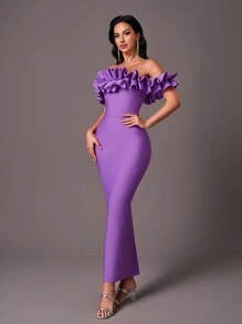 SHEIN Belle Elegant Purple Off Shoulder Exaggerated Ruffle Strapless High Waist Back Slit Slim Formal Evening Bandage Gowns Cocktail Semi Formal Prom Wedding Guest Dress, For Birthday, Graduation, Dinner, Homecoming - Purple - View 1