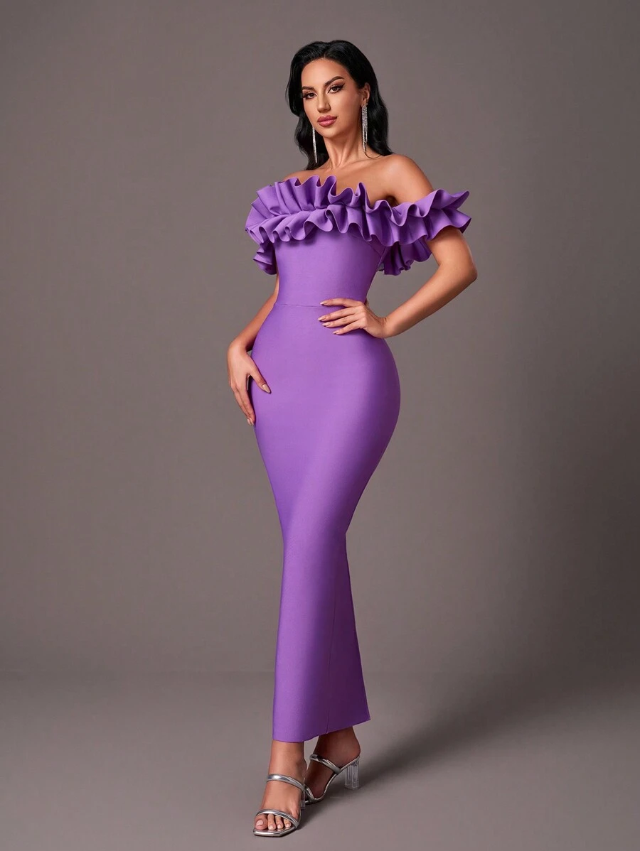 SHEIN Belle Elegant Purple Off Shoulder Exaggerated Ruffle Strapless High Waist Back Slit Slim Formal Evening Bandage Gowns Cocktail Semi Formal Prom Wedding Guest Dress, For Birthday, Graduation, Dinner, Homecoming - Purple - View 1