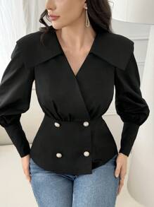 Modelyn Women's Solid Color Simple Daily Button Decorated V-Neck Long Sleeve Blouse