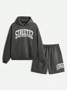 Manfinity VCAY Men's Loose Fit English Print Long Sleeve Knit Sweatshirt Set, For Fall Winter - Dark Grey - View 1