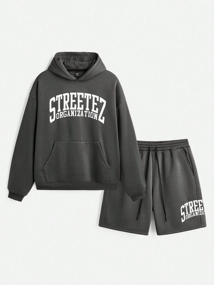 Manfinity VCAY Men's Loose Fit English Print Long Sleeve Knit Sweatshirt Set, For Fall Winter - Dark Grey - View 1