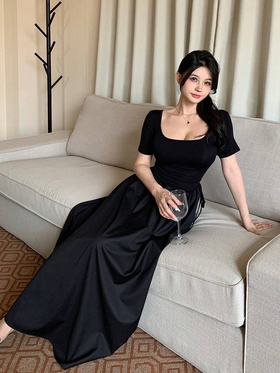 Women's Solid Color Square Neck Short Sleeve Casual Dress, Summer Sundress