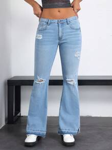 SHEIN EZwear 女士破洞下摆喇叭牛仔裤 - 淺色水洗藍 - 查看 3