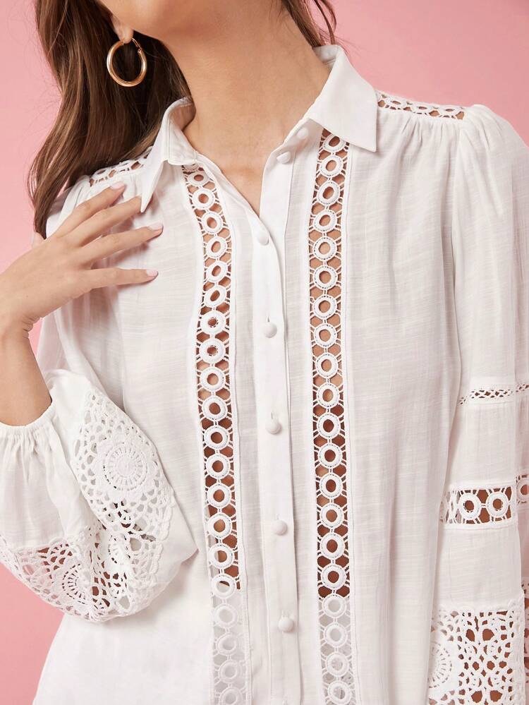 Fall Romantic High-End Exquisite Lace Long-Sleeved Loose Hollow Embroidery Design Shirt, A Must-Have In Autumn