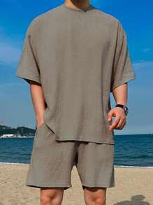 DAZY 男士休闲纯色短袖 T 恤和短裤 2 件套，夏季