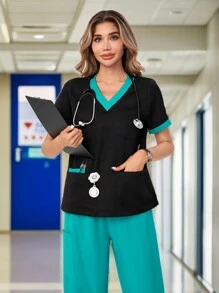 TaskEZ 女士撞色边饰 4 口袋上衣 - 黑色，配青色边饰拼色短袖制服上衣 手术服上衣 - 舒适工作制服 - 彩色 - 查看 19