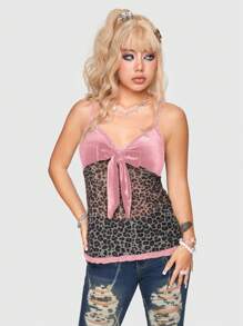 ROMWE J-Fashion Top de camisa con nudo, de patchwork estampado de leopardo, de moda, para verano