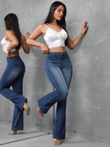 SHEIN Tall Jeans de campana de mujer, de mezclilla con estiramiento sexy, azules, corte bota