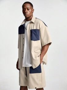 Manfinity VCAY Conjunto de camisa de manga corta tejida con ajuste holgado y parches, adecuado para el verano para hombre