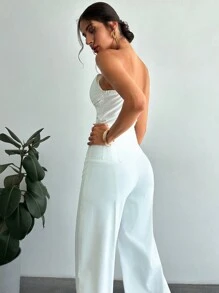 Firerie Women Elegant Design Asymmetrical Strapless Crop Tube Top & High Waisted Faux Boned Straight Pants Set, All White Two-Piece Outfit