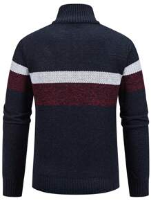 Calvornis Men's Contrast Color Zip-Up Stand Collar Long Sleeve Knitted Sweater, For Fall Winter - Black - View 2