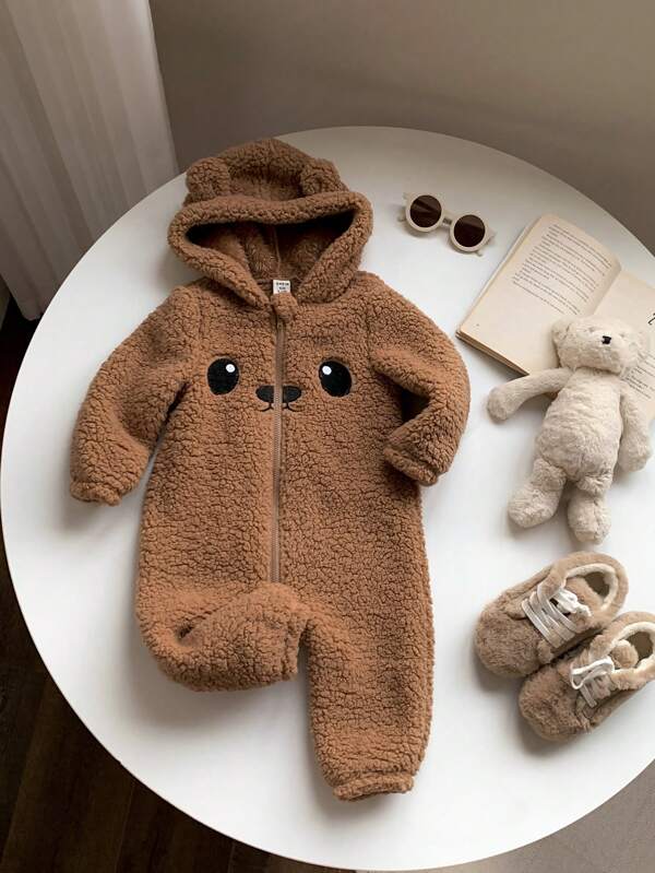 SHEIN Newborn Baby Plush Embroidered Ear Hooded Jumpsuit, Soft & Warm Outfit Suitable For Autumn, Winter, Halloween Costume
