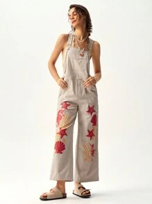 Bohemela Vacation Women Round Neck Sleeveless Loose Fashion Marine Life Print Jumpsuit - Beige - View 2