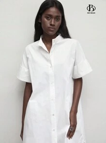 BizChic 女士春夏款休閒純棉白色襯衫連衣裙，立領寬鬆版型前鈕