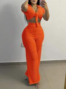 Slaydiva Ensemble de body à col polo décontracté et manches courtes avec nœud à l'avant et pantalon droit - B - Orange - Voir 6