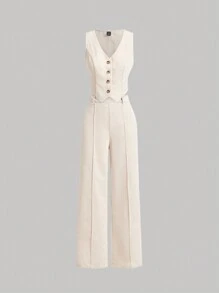 SHEIN MOD 杏色前開衫式背心和長褲套裝，復古款 - 杏色 - 查看 2