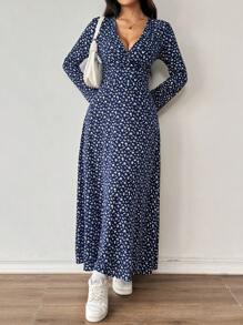 SHEIN Unity Đầm Maxi Chữ A Cổ Chữ V Họa Tiết Hoa Xanh Navy Cho Nữ Trang Phục Mùa Thu Vải Cho Nữ - Màu xanh hải quân - Xem 4
