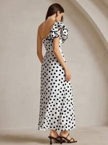Anewsta Đầm Maxi Nữ In Chấm Bi Thường Ngày Một Bên Vai - Đen và trắng - Xem 2