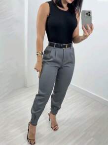 EMERY ROSE Bộ vest nữ màu trơn thanh lịch chi tiết xếp li Regular Fit Quần, mùa thu - Xám - Xem 3