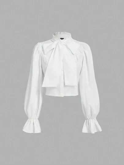 SHEIN MOD White Victorian-Inspired Blouse With Large Bow Tie Neck, Lace Trim, Puff Long Sleeves With Ruffled Cuffs, Cropped Fit, Elegant, Feminine, Romantic, Office Wear, Formal, Vintage Style, Party, Chic, Lightweight, Comfortable, Breathable, Stylish, Layering Piece, Classic, Timeless, Versatile, Soft Fabric
