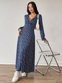 SHEIN Unity Đầm Maxi Chữ A Cổ Chữ V Họa Tiết Hoa Xanh Navy Cho Nữ Trang Phục Mùa Thu Vải Cho Nữ - Màu xanh hải quân - Xem 6