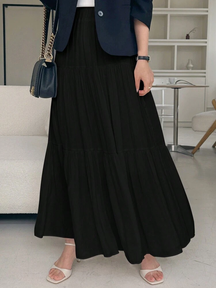 Women's Solid Color Minimalistic Pleated A-Line Skirt, Casual Daily Wear Summer,Ruffle