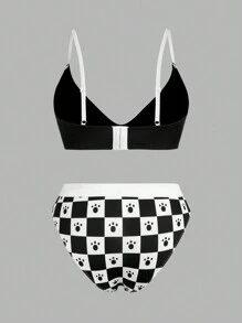 We Bare Bears X SHEIN Plus Size Black & White Cartoon Graphic Checkerboard Wireless Bra And Panty Set - Black - View 2
