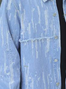 Manfinity Roghcode Áo khoác denim tay dài sờn họa tiết nút nam, trang phục dạo phố thời trang - Màu xanh lam - Xem 6