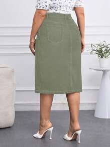 EMERY ROSE Plus Size Straight Stretch Denim Skirt - Army Green - View 3