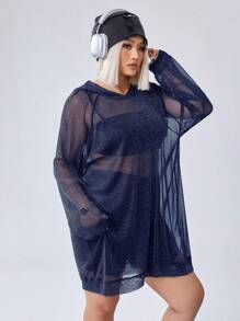 SHEIN EZwear CURVE Áo hoodie dài tay thường ngày Y2K cỡ lớn cho nữ mặc thường ngày - Xanh đậm - Xem 7