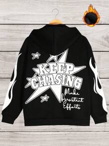 Manfinity Roghcode Áo nỉ trùm đầu dáng rộng dành cho nam in chữ, khóa kéo và dây rút có thể điều chỉnh, họa tiết, trang phục dạo phố, hip hop, mùa thu - màu đen - Xem 4