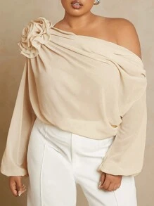 L'Amorae Plus Asymmetric Off Shoulder Shirt With 3D Flower