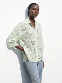Maija Women's Casual Solid Color Hollow Out Embroidery Blouse, Spring Summer - Green - View 6