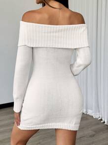 Flirla Vestido Elegante de Ombro Aberto de Manga Longa com Charme de Ombro Caído e Lapela para Mulheres - Branco - Visão 2