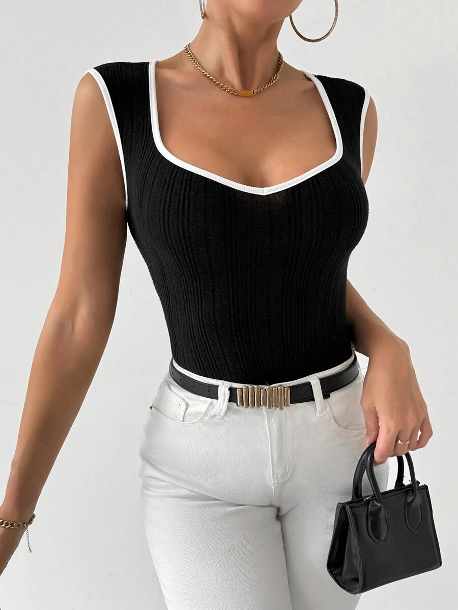 SHEIN Privé Phụ Nữ Đơn Giản Giản Dị Thanh Lịch Gợi Cảm Người Yêu Cổ Khối Màu Trắng Đen Gân Trang Bị Yếm - màu đen - Xem 1