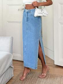 RueChic MID WAIST SLIT DENIM SKIRT - Medium Wash - View 5