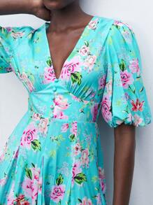 Maija Elegant Floral All-Over Print Lace Trim Deep V-Neck Teal Mini Dress For Women, Spring/Summer - Blue - View 5