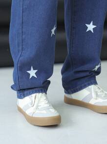 Manfinity Roughcore Men's Casual Multi-Pockets Five-Pointed Star Allover Print Simple Denim Jeans - Blue - View 4
