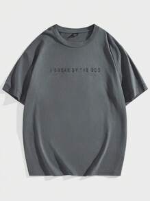 Manfinity VCAY Men's Loose Fit English Text Graphic Print Crew Neck Short Sleeve T-Shirt, Summer - Dark Grey - View 1