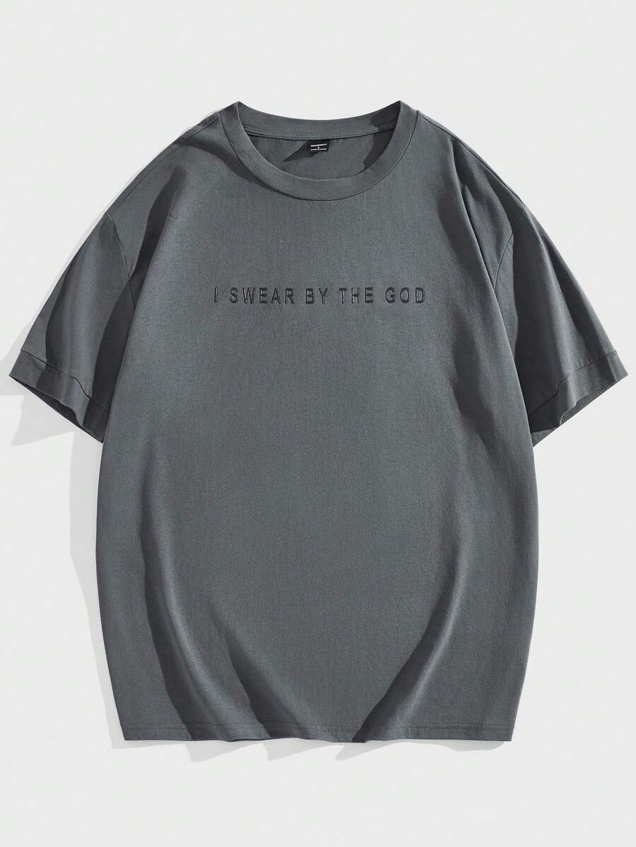 Manfinity VCAY Men's Loose Fit English Text Graphic Print Crew Neck Short Sleeve T-Shirt, Summer - Dark Grey - View 1