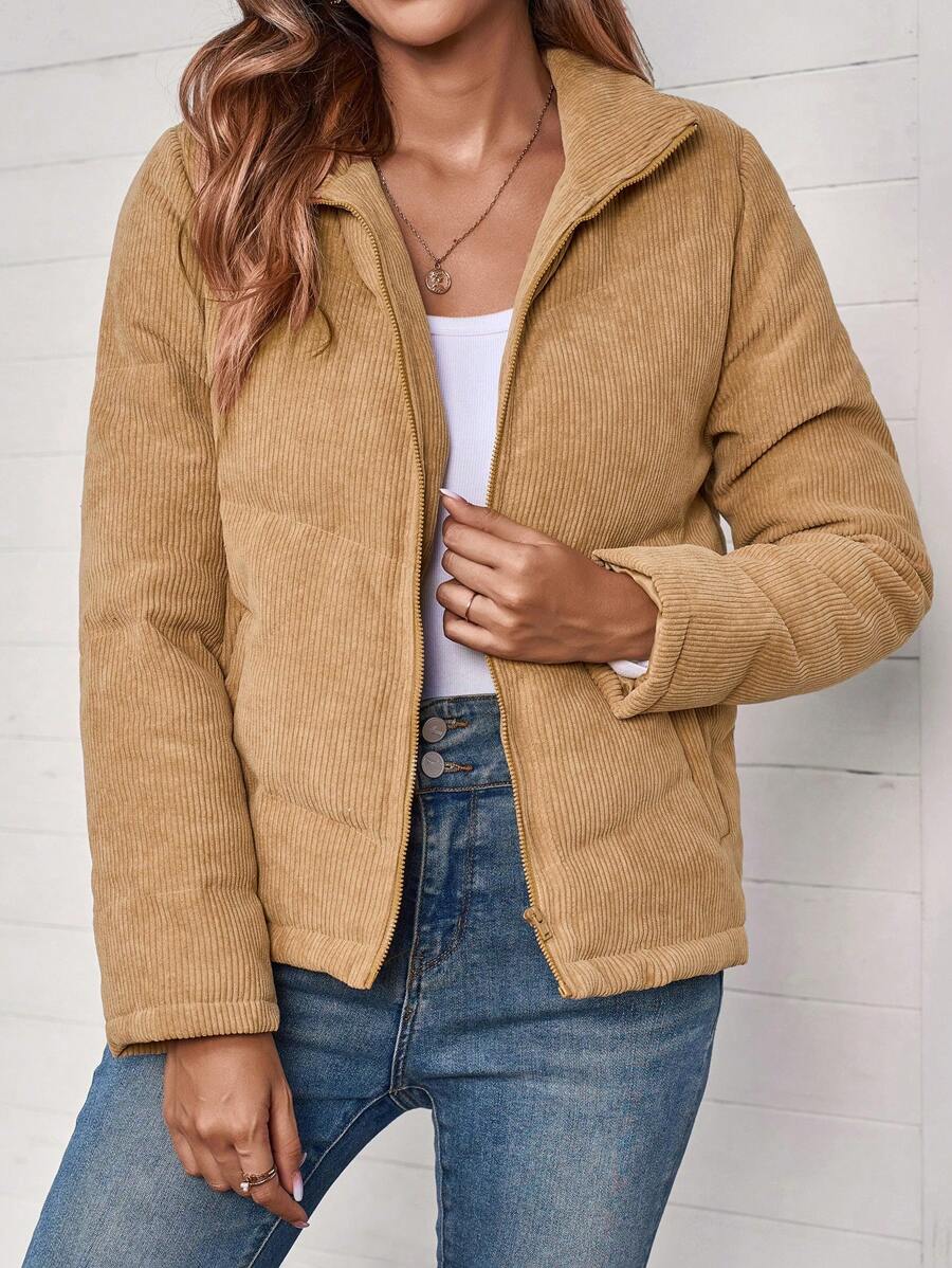 EMERY ROSE Abrigo acolchado de manga larga con cremallera, minimalista y cálido, para mujer, invierno - Marrón Mocha - Ver 1